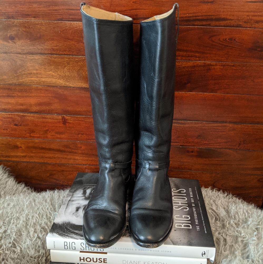 Frye Lindsay Plate Riding Tall Boots Black Leather